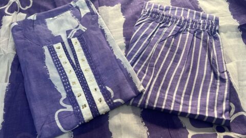 Designer Stripe Cotton 3-Piece Suit Set with Sequence Work