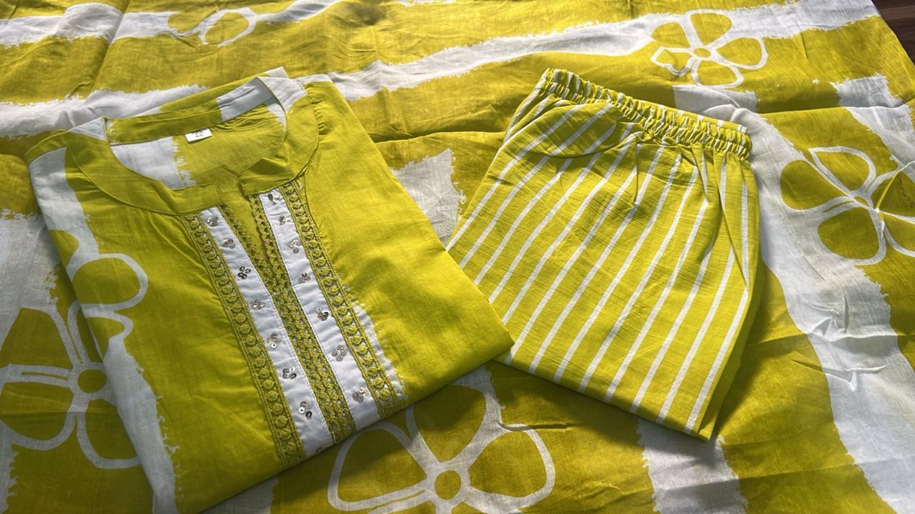 Designer Stripe Cotton 3-Piece Suit Set with Sequence Work