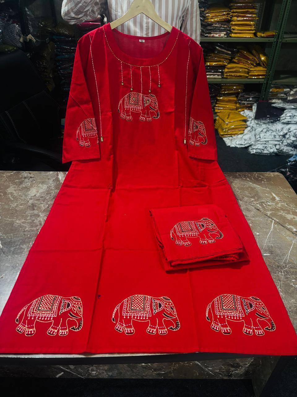 Jaipuri Elephant Motif Cotton Set with Yoke Embroidery