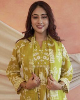 Flared Anarkali Cotton Suit Set with Embroidered Yoke & Malmal Dupatta