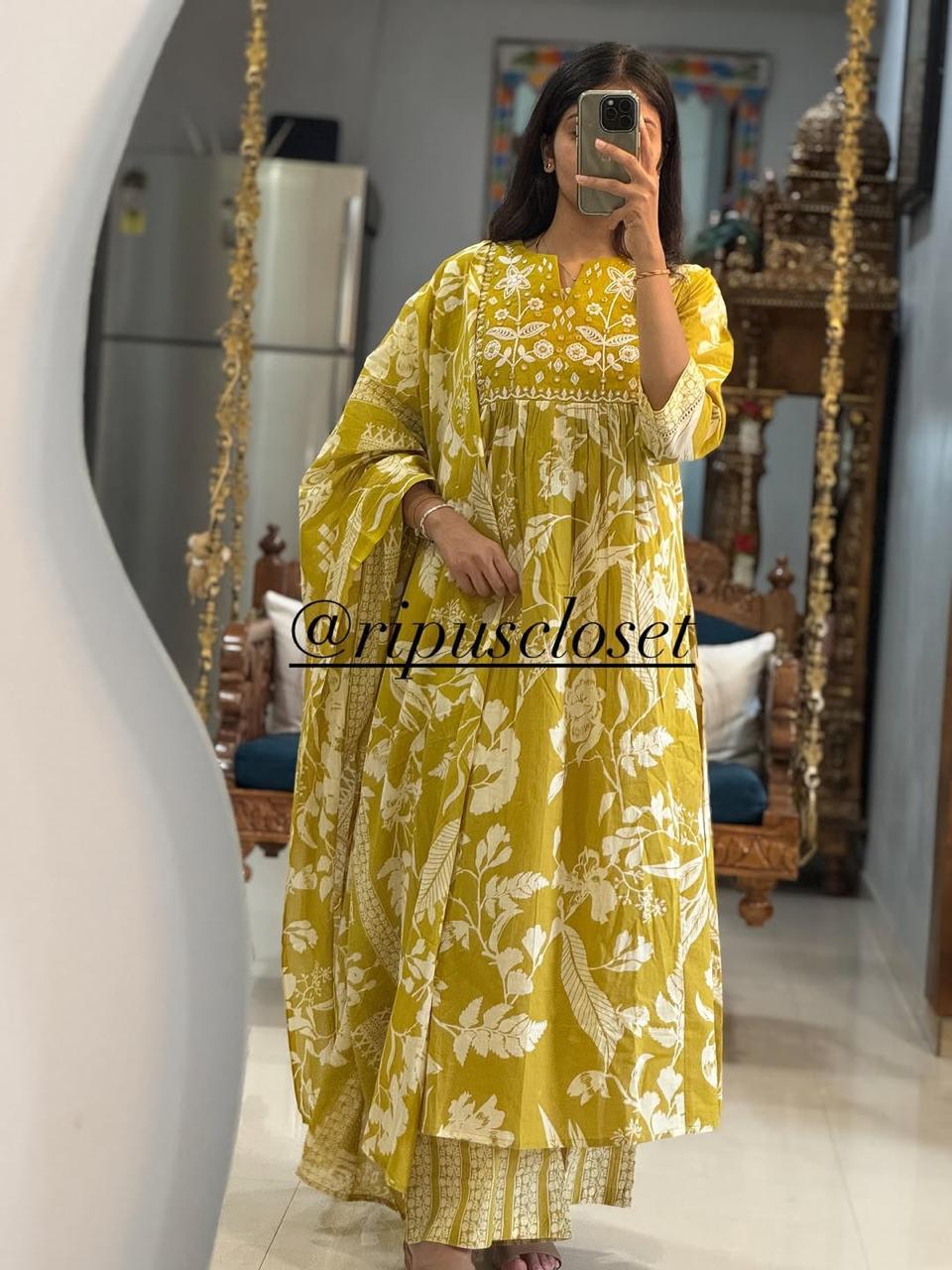 Flared Anarkali Cotton Suit Set with Embroidered Yoke & Malmal Dupatta