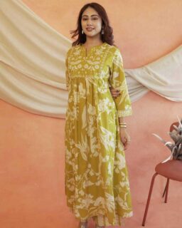 Flared Anarkali Cotton Suit Set with Embroidered Yoke & Malmal Dupatta