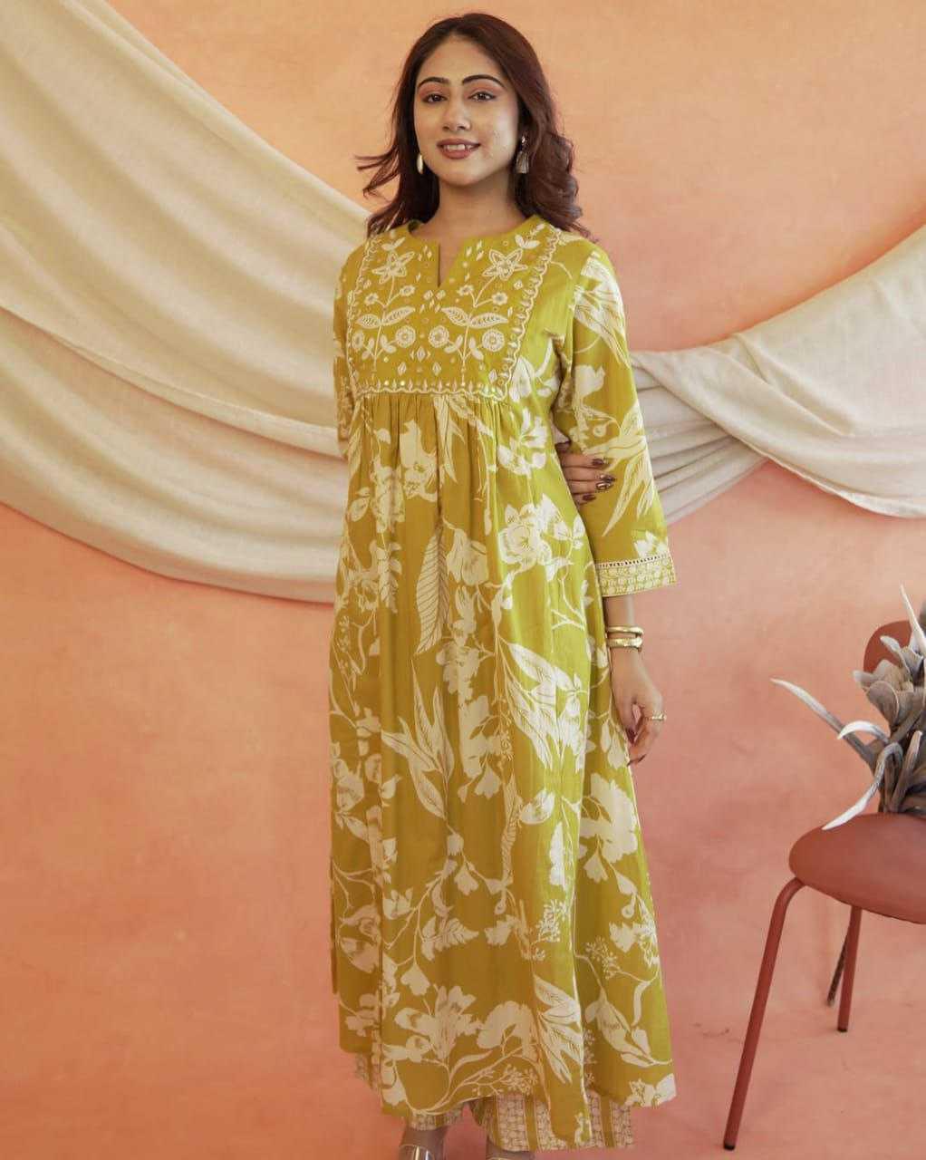 Flared Anarkali Cotton Suit Set with Embroidered Yoke & Malmal Dupatta