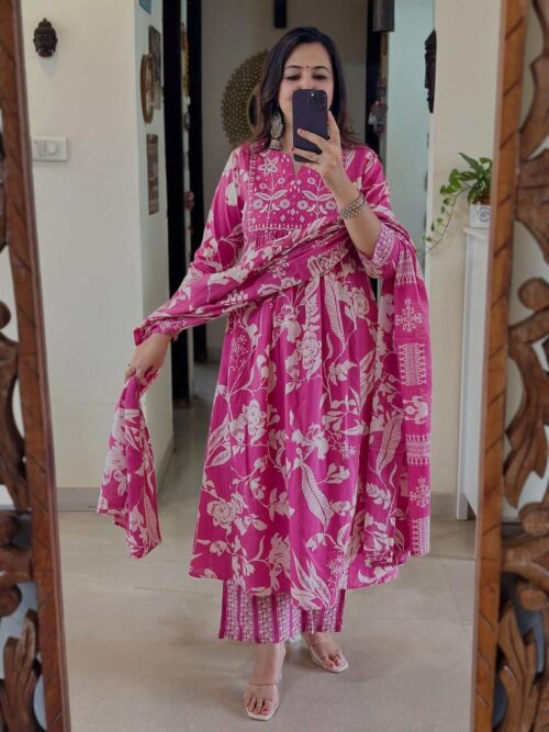 Flared Anarkali Cotton Suit Set with Embroidered Yoke & Malmal Dupatta