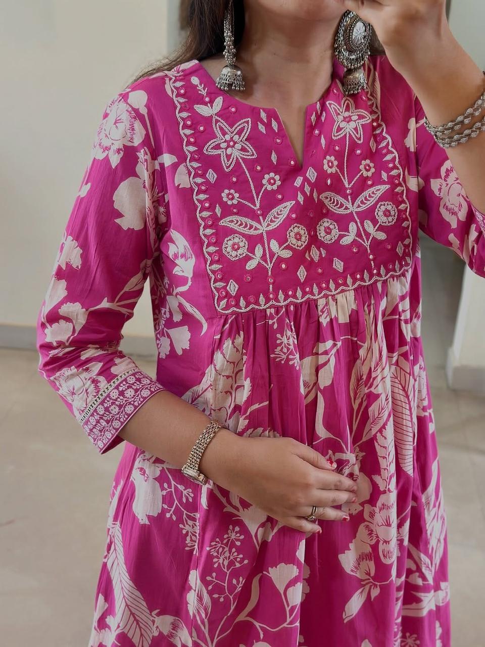 Flared Anarkali Cotton Suit Set with Embroidered Yoke & Malmal Dupatta