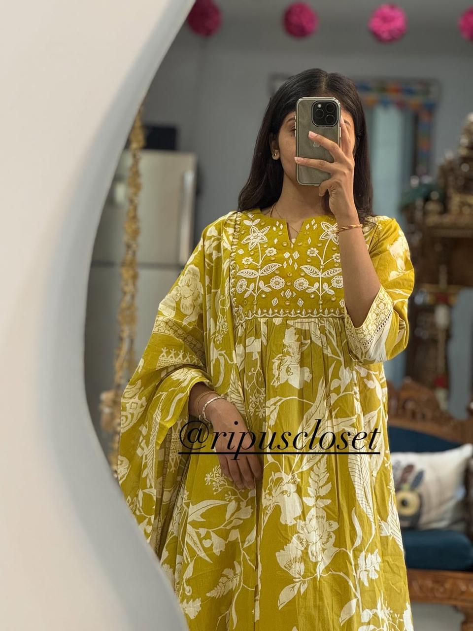 Flared Anarkali Cotton Suit Set with Embroidered Yoke & Malmal Dupatta