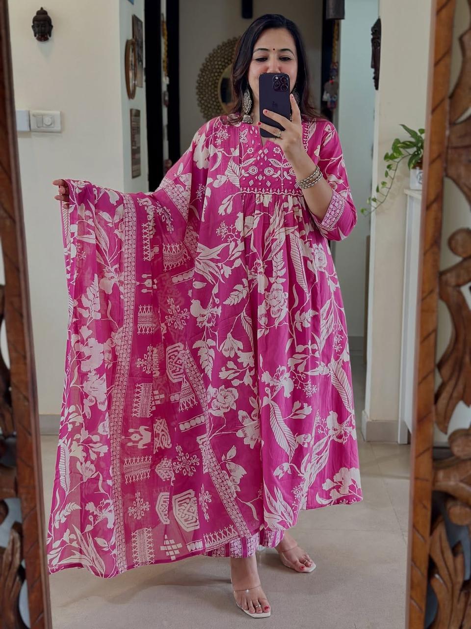 Flared Anarkali Cotton Suit w/ Embroidery & Malmal Dupatta - WearStyle