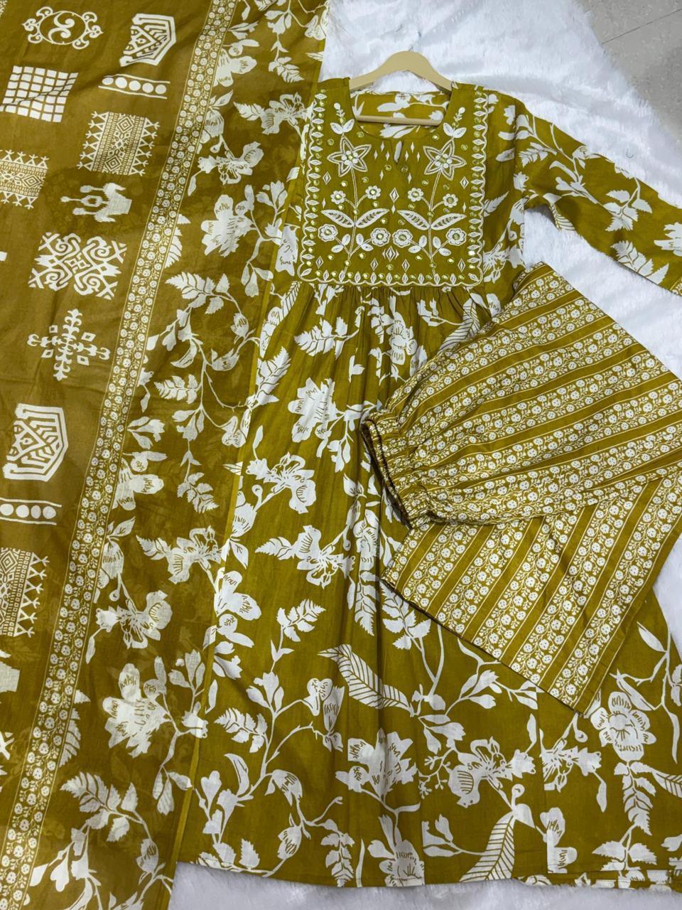 Flared Anarkali Cotton Suit Set with Embroidered Yoke & Malmal Dupatta