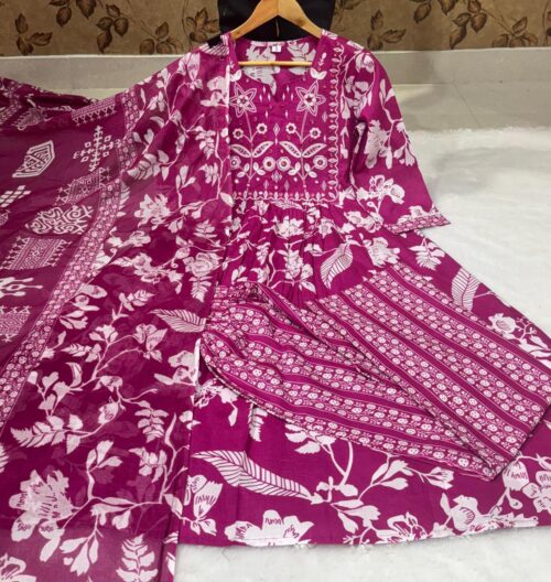 Flared Anarkali Cotton Suit Set with Embroidered Yoke & Malmal Dupatta