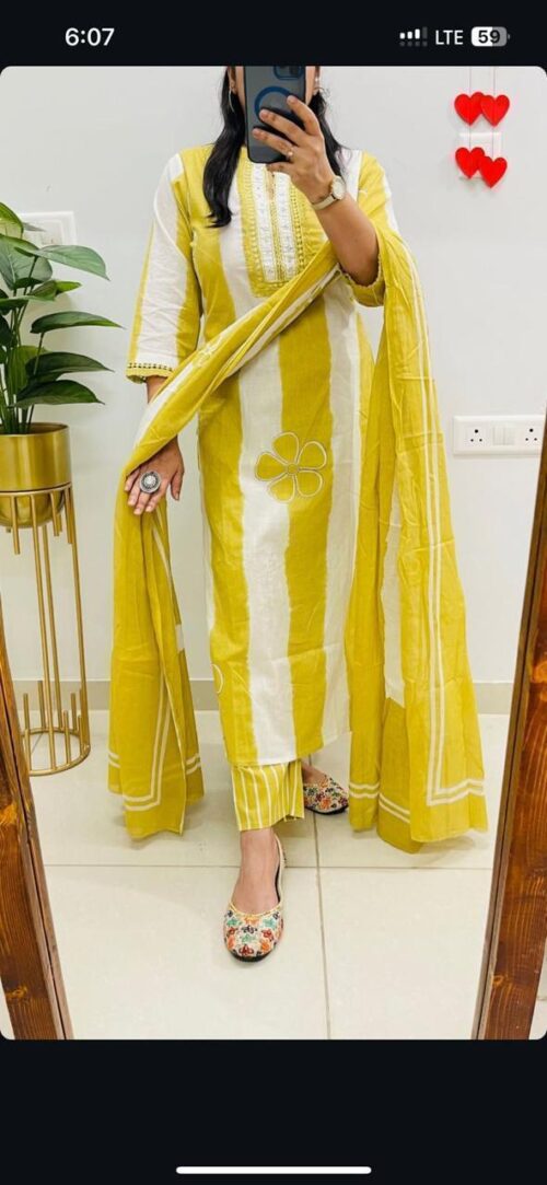 Designer Stripe Cotton 3-Piece Suit Set with Sequence Work