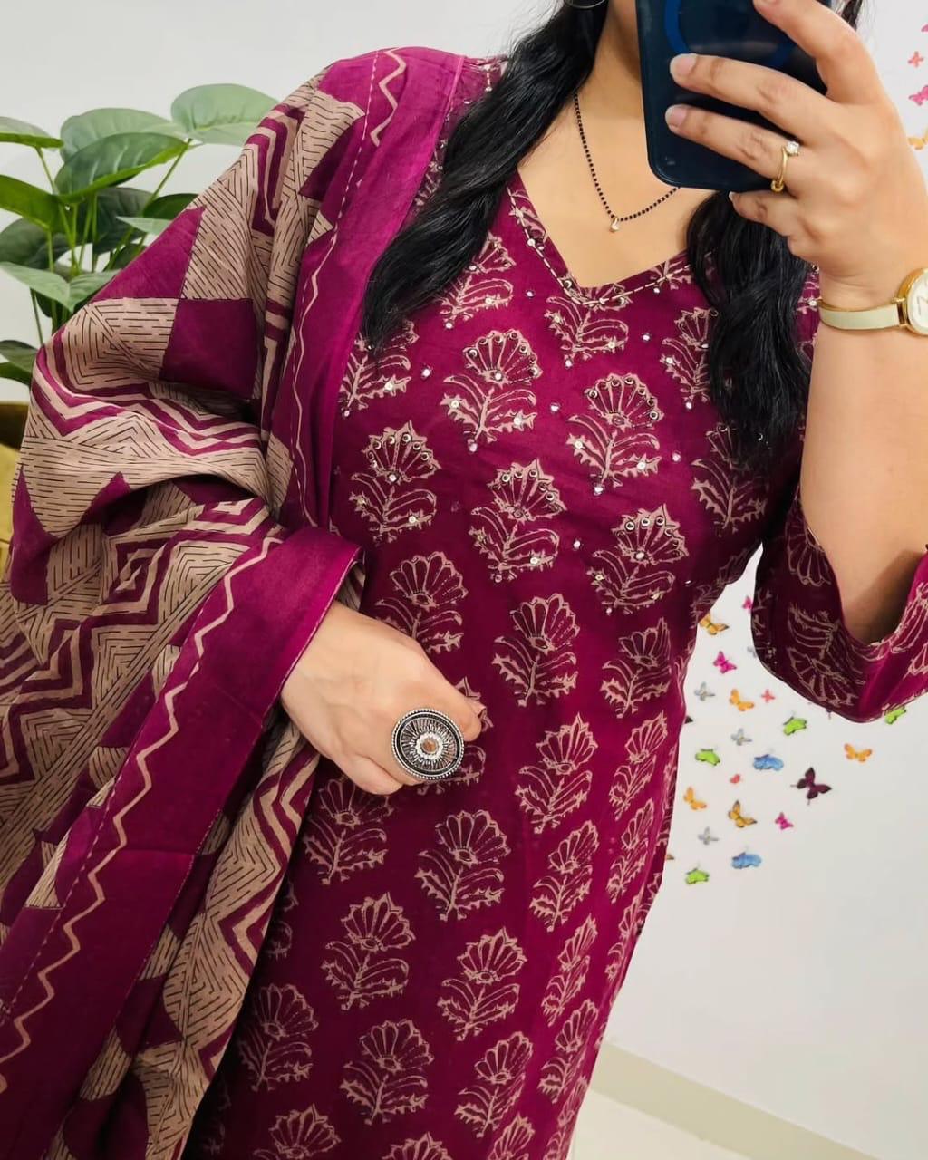 Floral Embroidered Heavy Cotton 3-Piece Suit Set