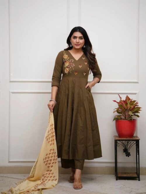 Embroidered Olive Cotton Anarkali Suit Set with Dupatta