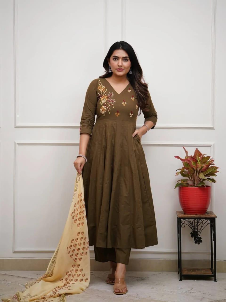 Embroidered Olive Cotton Anarkali Suit Set with Dupatta