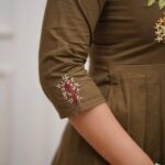 Embroidered Olive Cotton Anarkali Suit Set with Dupatta