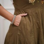 Embroidered Olive Cotton Anarkali Suit Set with Dupatta