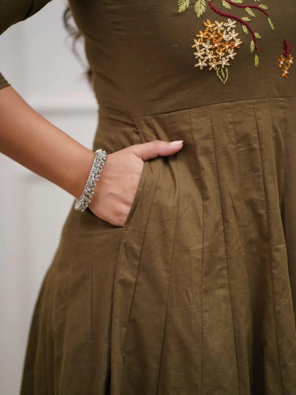 Embroidered Olive Cotton Anarkali Suit Set with Dupatta