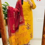 Handloom Cotton Suit Set with Floral Appliqué & Dupatta