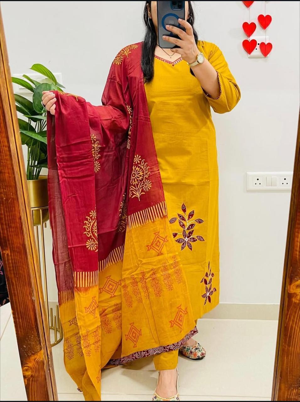 Handloom Cotton Suit Set with Floral Appliqué & Dupatta