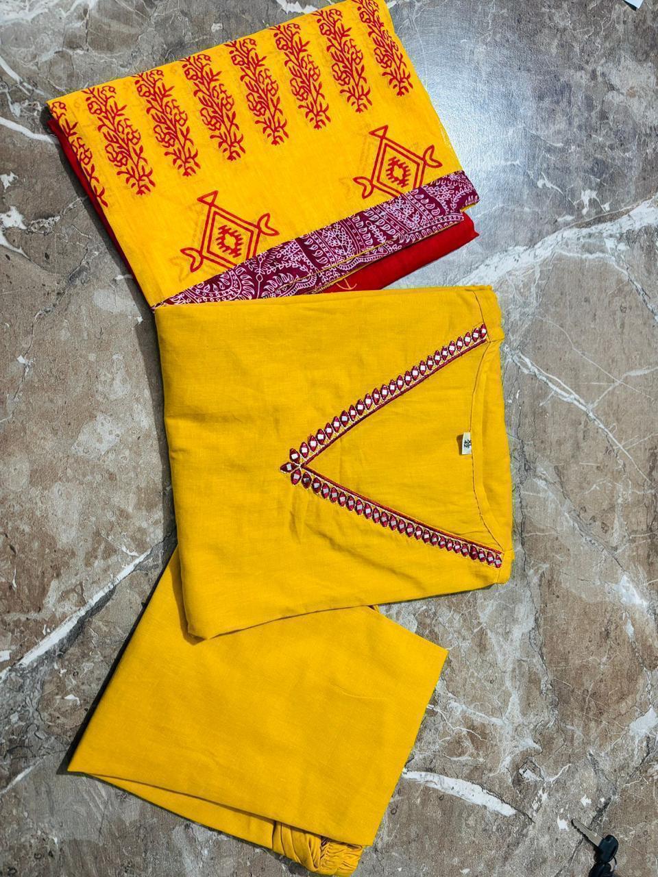 Handloom Cotton Suit Set with Floral Appliqué & Dupatta