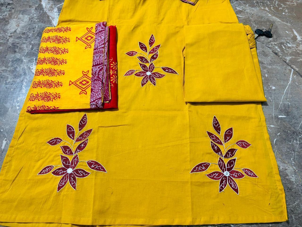 Handloom Cotton Suit Set with Floral Appliqué & Dupatta