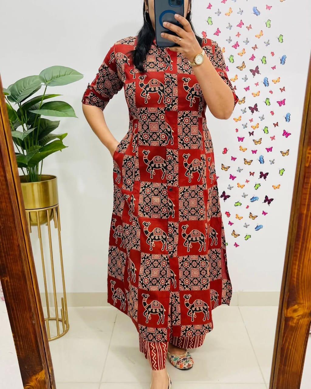 Jaipuri Print A-Line Cotton Co-ord Set red