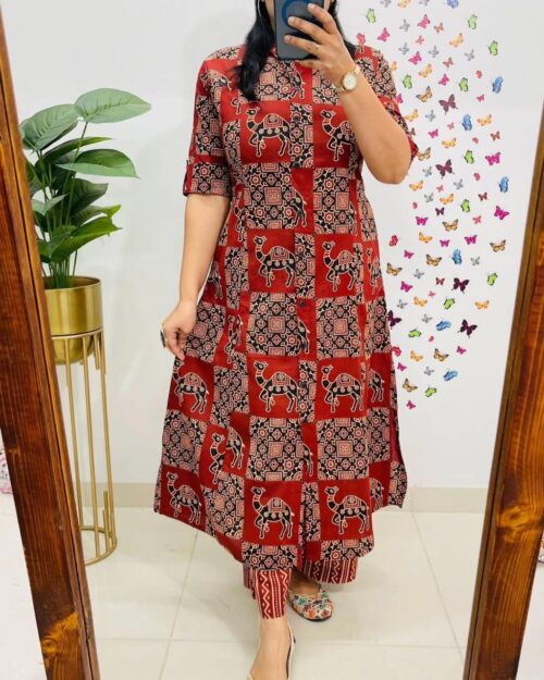 Jaipuri Print A-Line Cotton Co-ord Set red