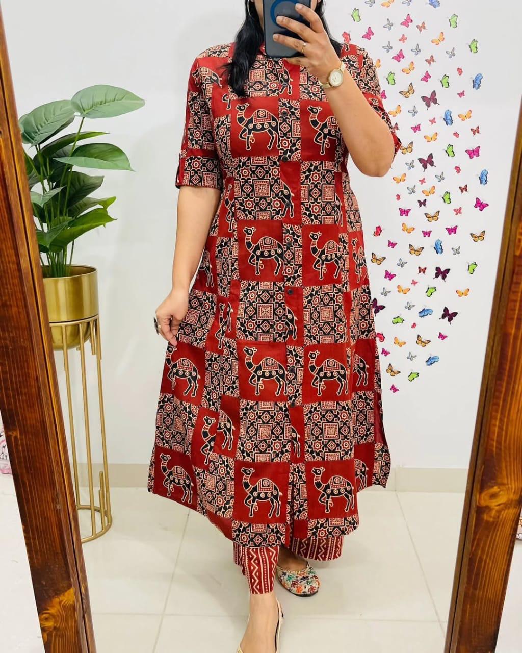 Jaipuri Print A-Line Cotton Co-ord Set red