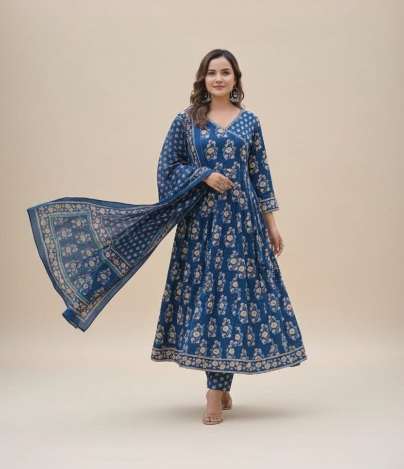 Floral Print Angrakha Anarkali Cotton Set with Dupatta