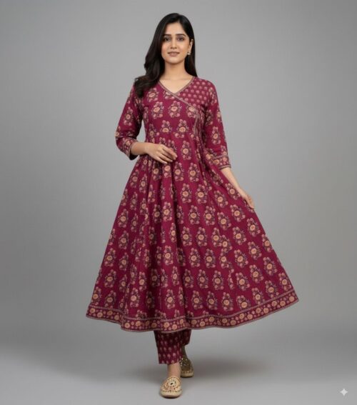 Floral Print Angrakha Anarkali Cotton Set with Dupatta