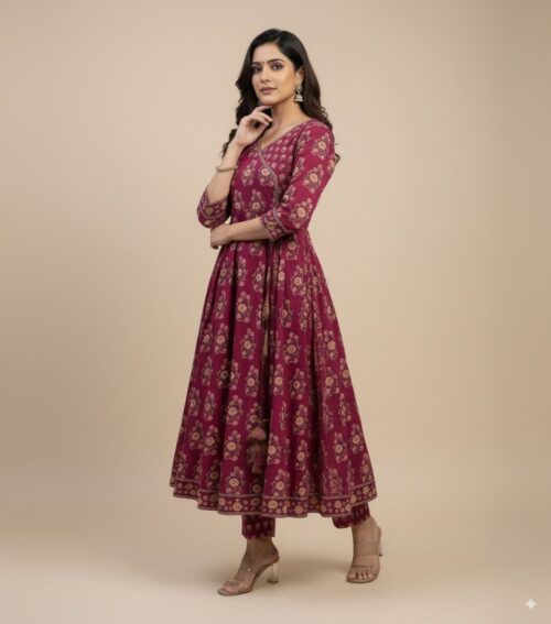 Floral Print Angrakha Anarkali Cotton Set with Dupatta