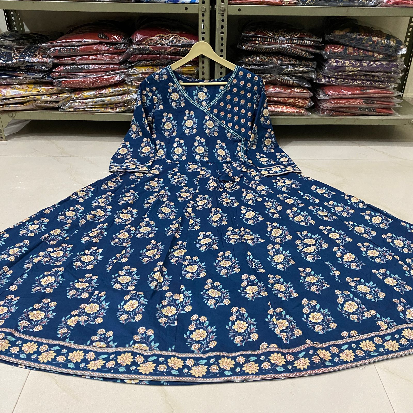 Floral Print Angrakha Anarkali Cotton Set with Dupatta