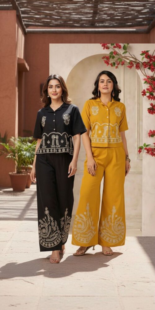 Embroidered Cotton Flex Shirt & Flared Plazo Co-ord Set