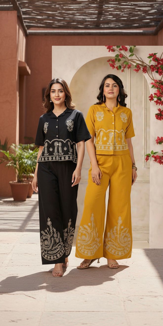 Embroidered Cotton Flex Shirt & Flared Plazo Co-ord Set