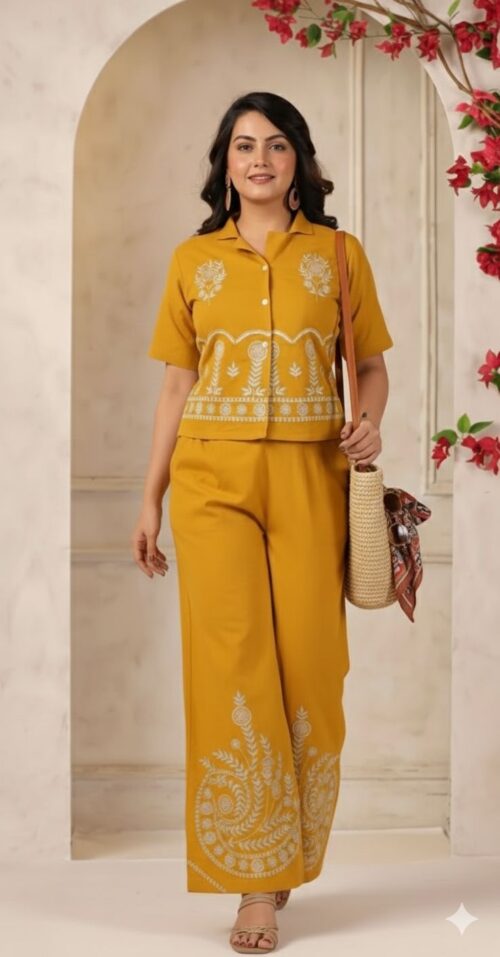 Embroidered Cotton Flex Shirt & Flared Plazo Co-ord Set