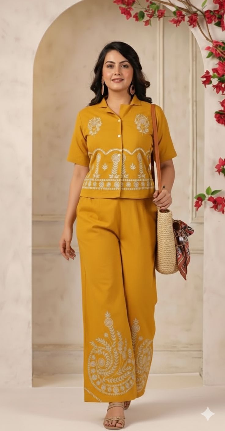 Embroidered Cotton Flex Shirt & Flared Plazo Co-ord Set
