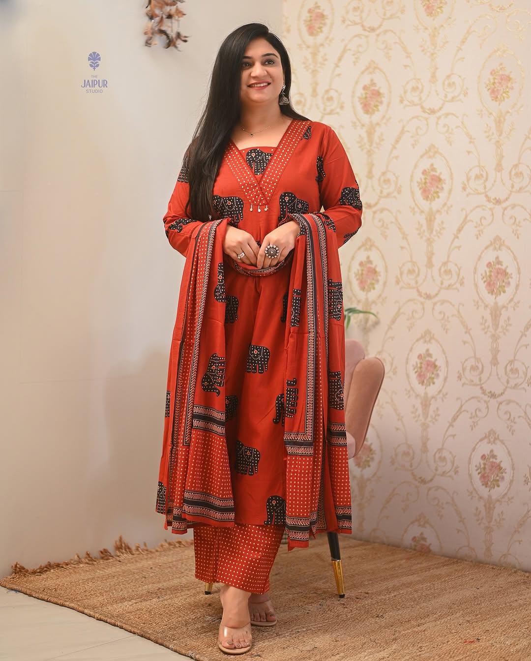 Elephant Print Cotton A-Line Suit Set with Dupatta