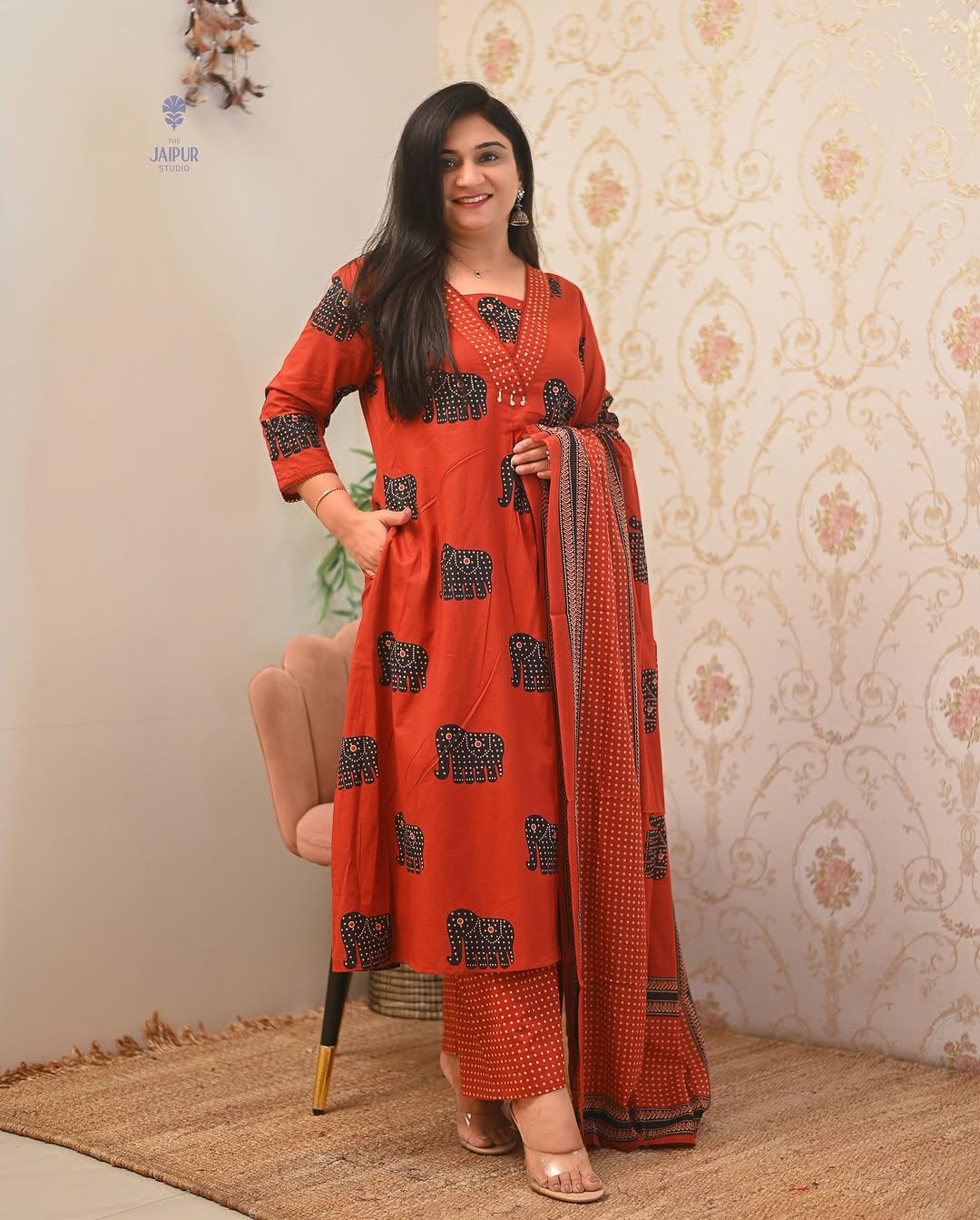 Elephant Print Cotton A-Line Suit Set with Dupatta