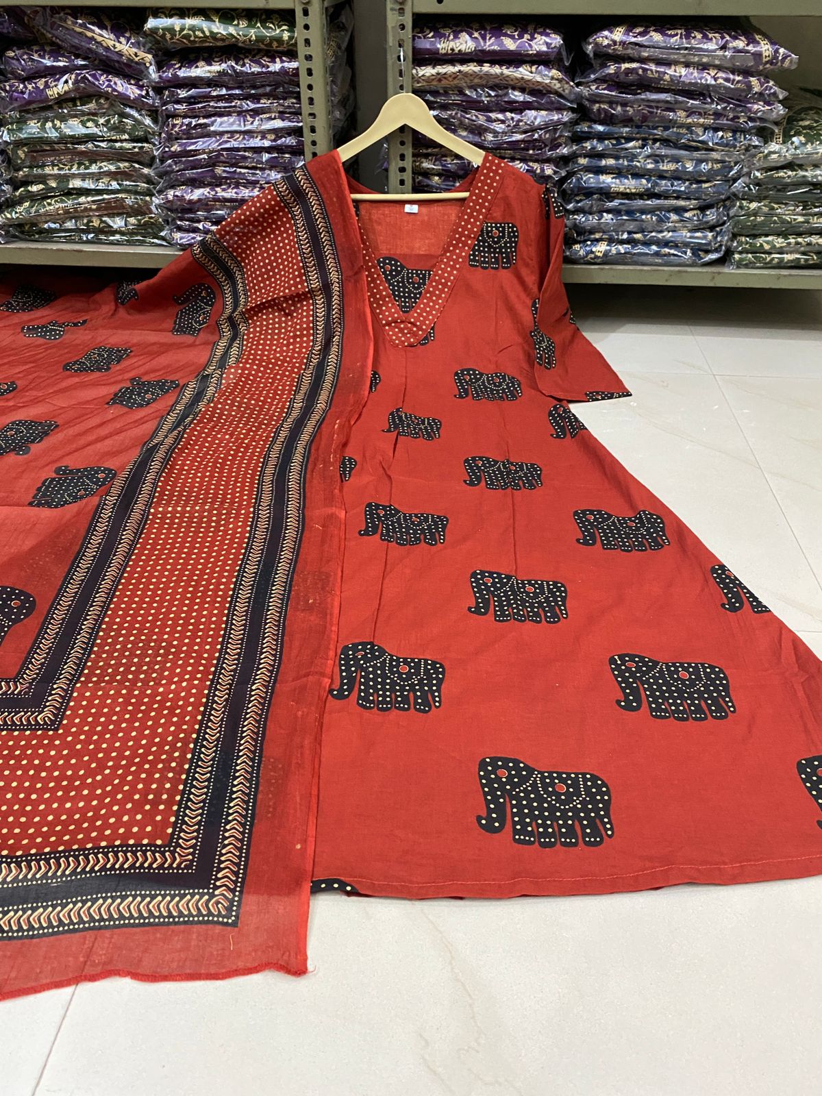 Elephant Print Cotton A-Line Suit Set with Dupatta