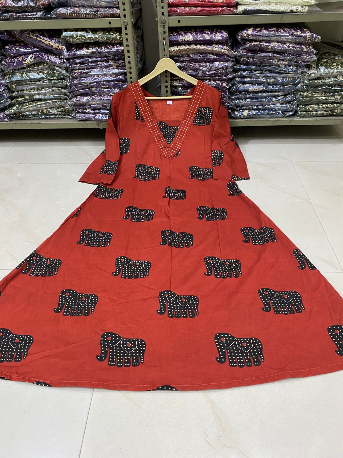 Elephant Print Cotton A-Line Suit Set with Dupatta