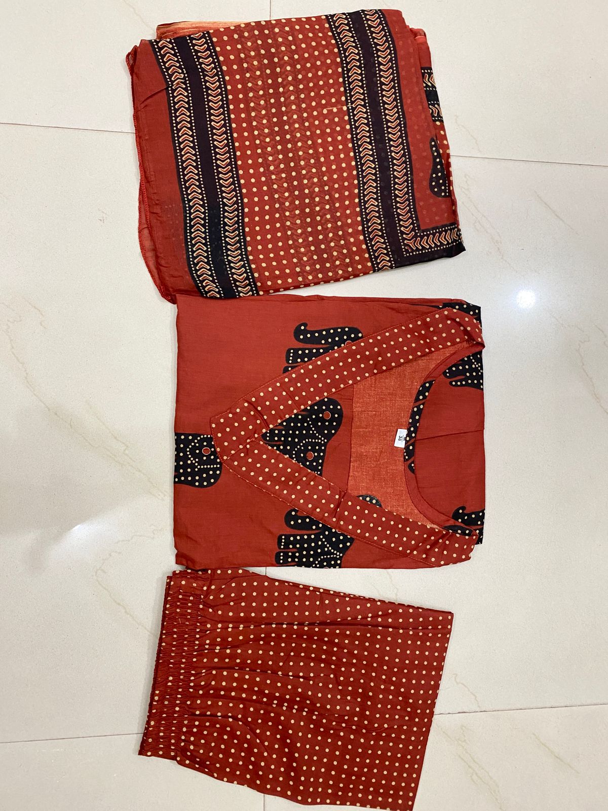 Elephant Print Cotton A-Line Suit Set with Dupatta