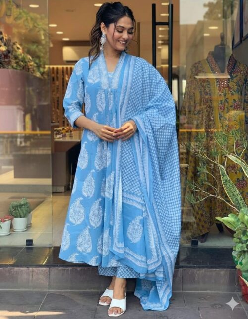 blue aline cotton suit wearstyle