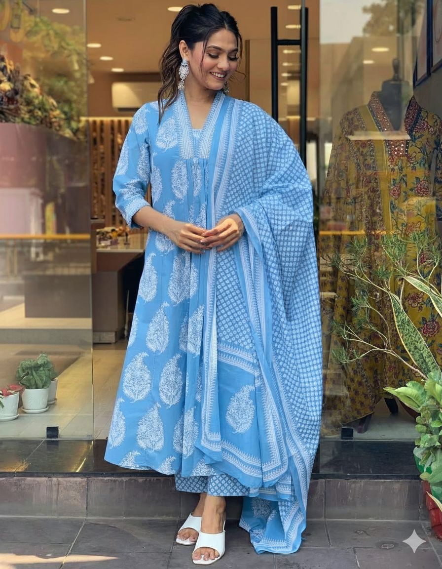 blue aline cotton suit wearstyle