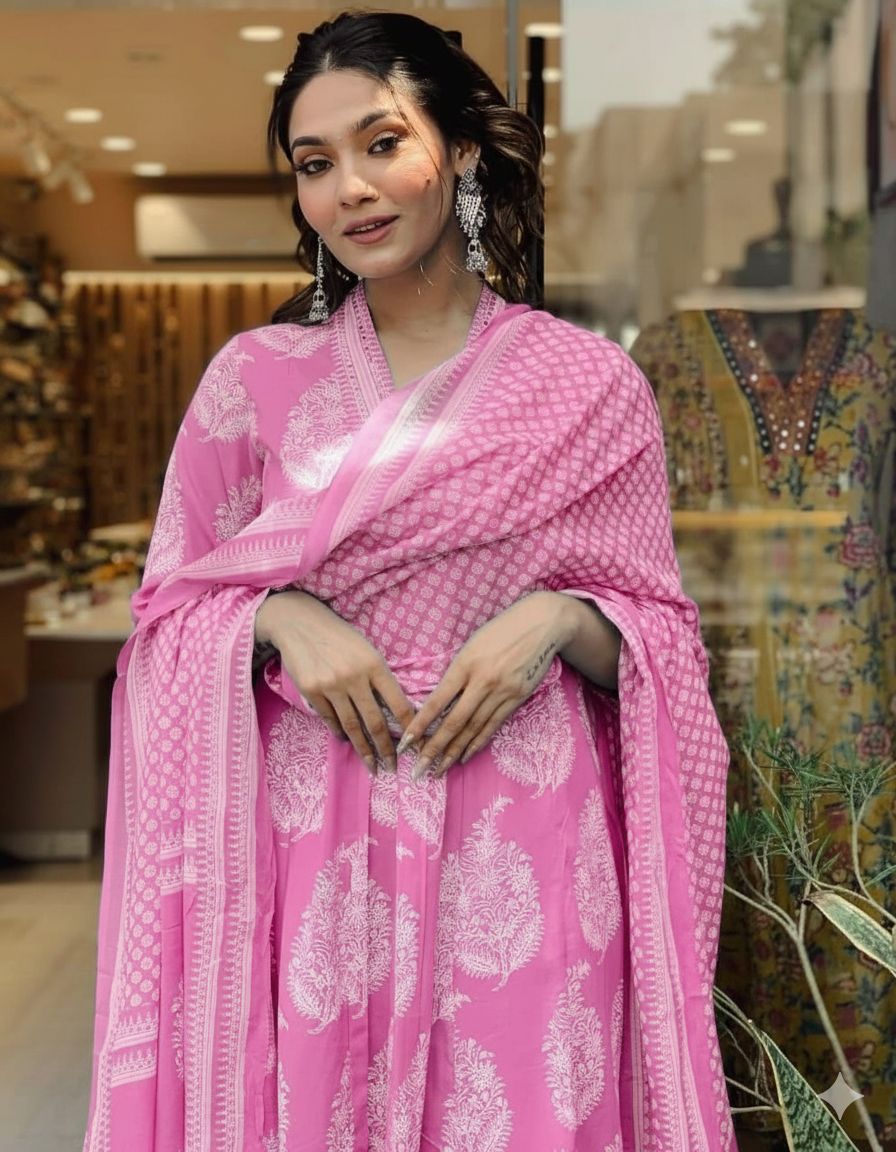 Pink Cotton A-Line Suit with Sequence Work Pink Cotton A-Line Suit with Sequence Work