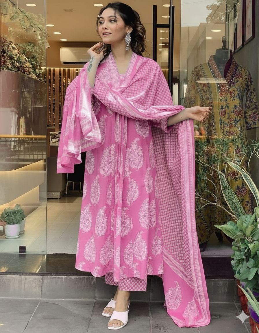 Pink Cotton A-Line Suit with Sequence Work