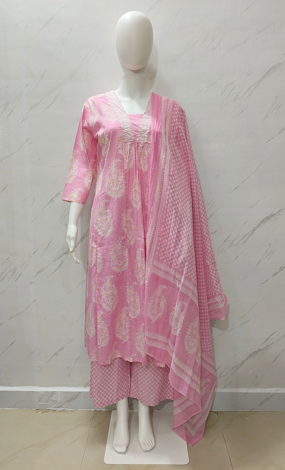 Pink Cotton A-Line Suit with Sequence Work Pink Cotton A-Line Suit with Sequence Work