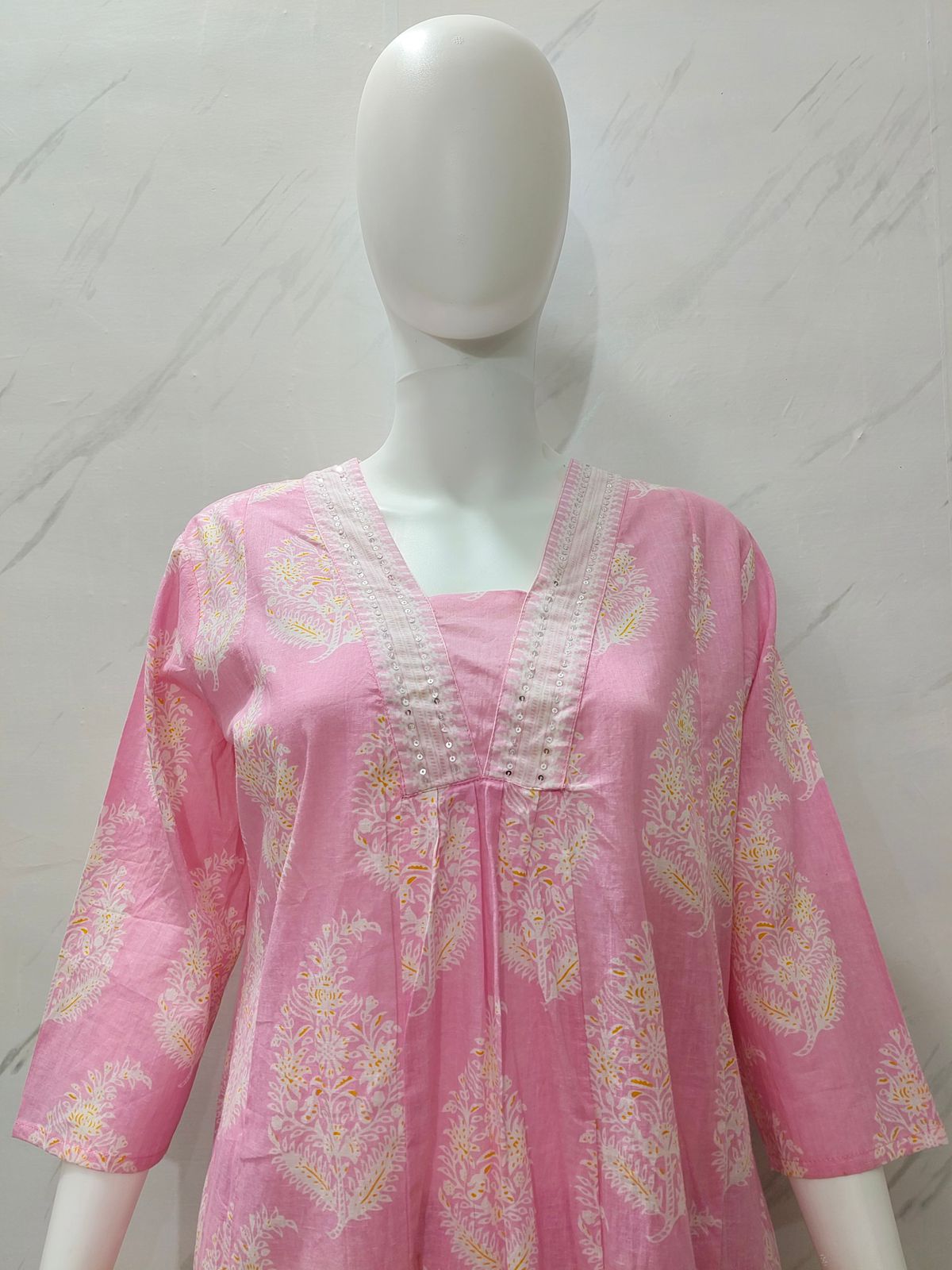 Pink Cotton A-Line Suit with Sequence Work Pink Cotton A-Line Suit with Sequence Work