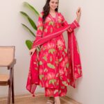 Pink Alia Cut Lotus Print Suit
