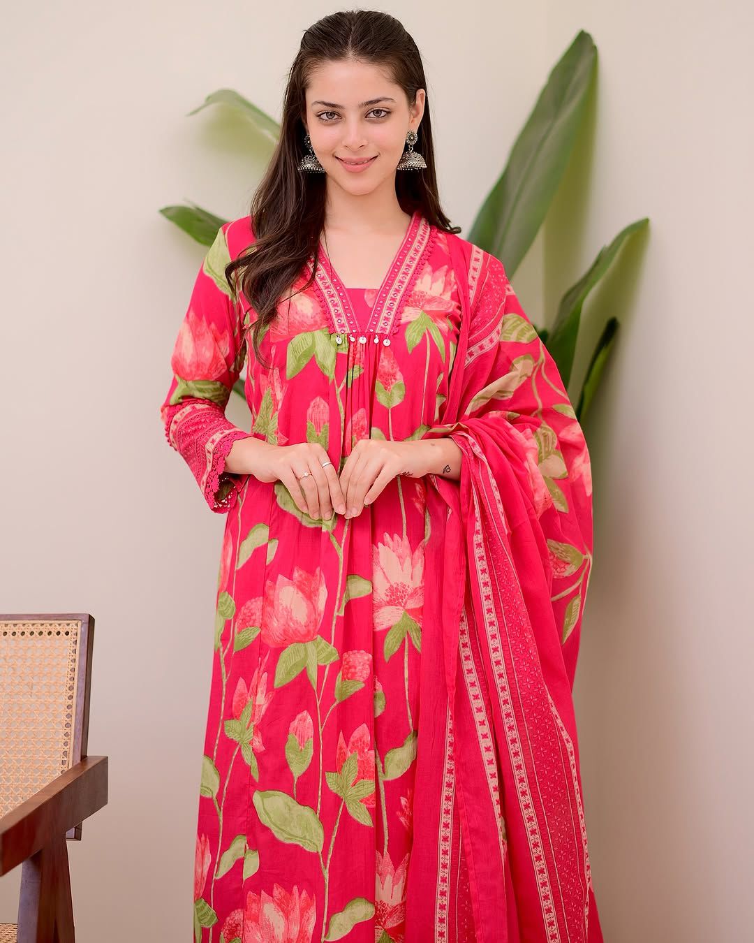 Pink Alia Cut Lotus Print Suit