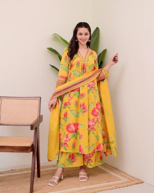 Alia Cut Lotus Print Cotton Suit
