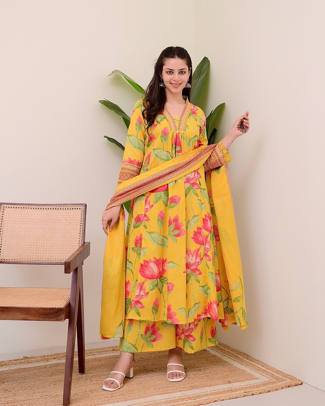 Alia Cut Lotus Print Cotton Suit